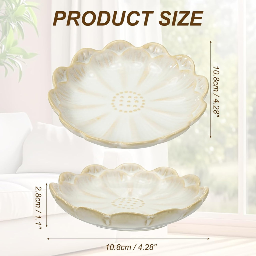 uxcell Candle Holder Plates, 4 Inch Ceramic Candle Tray Tealight Incense Holder Dish Candlestick for Tea Light Aromatherapy Wedding Rustic Vintage Home Decor, Sunflower White