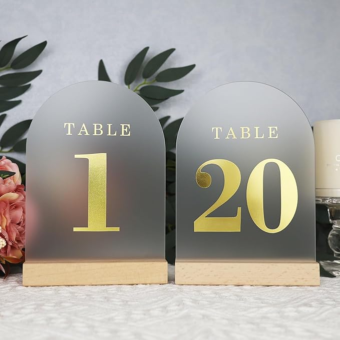 Frosted Blank Arch Acrylic Sign with Wooden Stands - 10 Pack DIY Customizable Sign Kit for Wedding Table Numbers, Restaurant Party Bridal Shower (5x7 Inch)