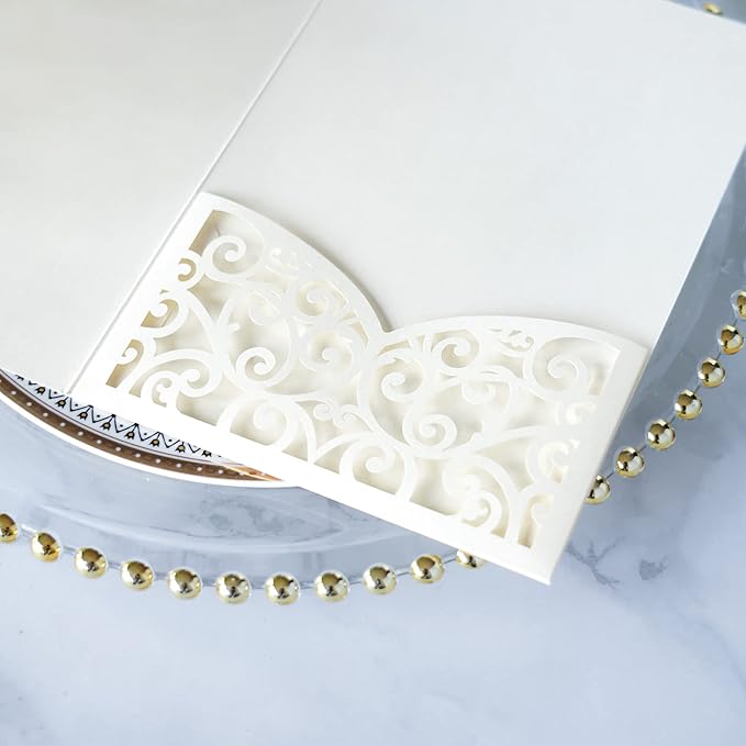ponatia 5.12 x 7.2 Ivory Laser Cut Wedding Invitations, Trifold Laser Cut Invitation Pockets with Envelopes for Wedding Bridal Shower Engagement Quinceanera Invitations (20PCS No Inner Sheet)