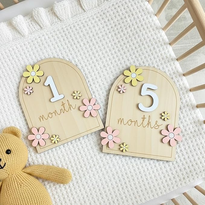 Baby Monthly Milestone Sign,1-12 Monthly Milestone Signs, Baby Girl Nursery Decoration, Newborn Photography Props Double-Sided (M01)