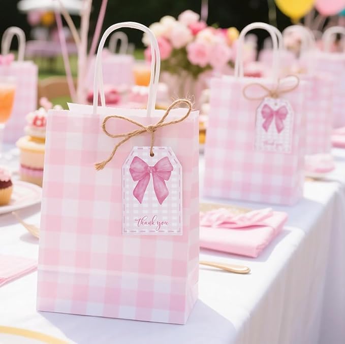 100Pcs Pink Bow Gift Tags with String Pink Buffalo Plaid Large Gift Tags with 65Ft White String Cute Thank You White Paper Tag for Coquette Birthday Baby Shower Wedding Gift Wrap Tag