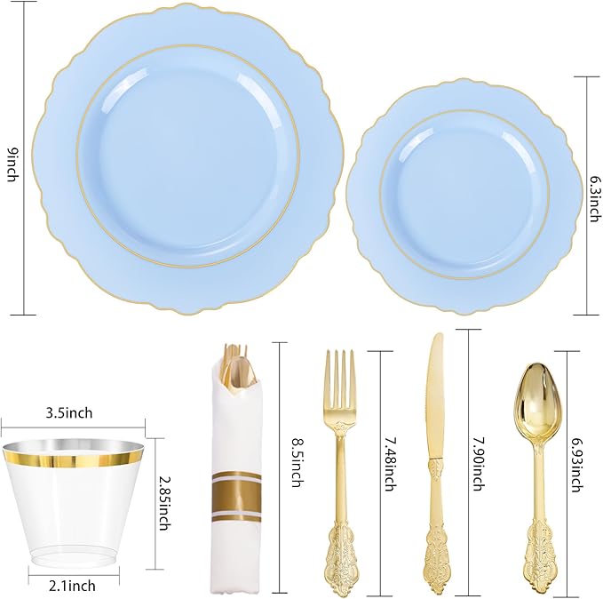 Liacere 350PCS Bule Plastic Plates - Disposable Bule and Gold Plates 50guest Baroque Plastic Dinnerware include 100Plates, 50Pack Pre Rolled Napkins with Silverware 50Cups for Wedding&Mother's Day