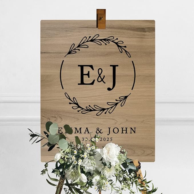 Andaz Press Large Wooden Welcome Sign for Wedding Rustic Welcome Sign 16" x 20" Custom Monogram & Date Laurel Wreath Wedding Signage English Oak MDF Wood Finish Wedding Reception Indoor Outdoor Signs