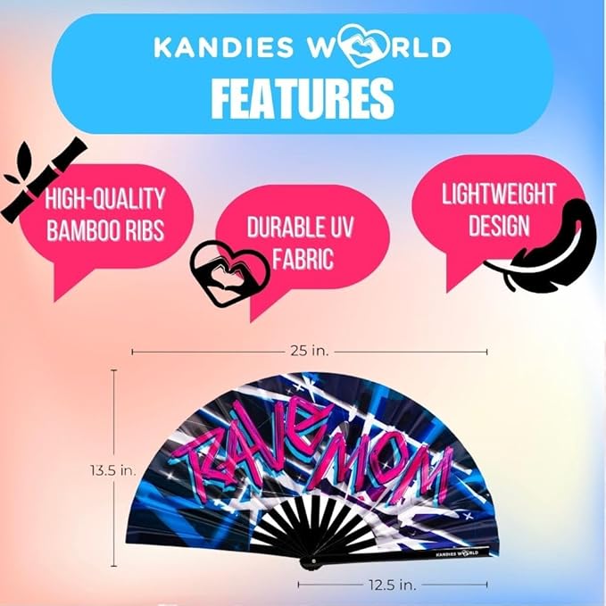 Kandies World UV Reactive Custom Festival Folding Hand Fan - Unique Designs, Made of Bamboo, Clacking Sound, Lightweight - Perfect Rave and Festival Accessory!