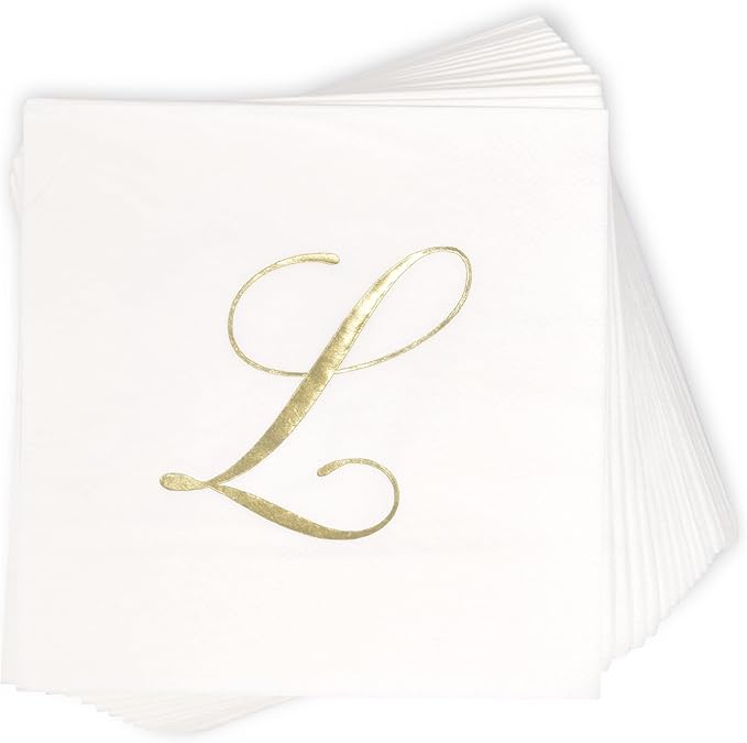 Gift Boutique 100 Gold Monogram Cocktail Napkins Letter L Disposable Paper Pack Elegant Metallic Golden Foil Hand Napkin for Powder Room Wedding Holiday Birthday Party Baby Shower Decorative Towels