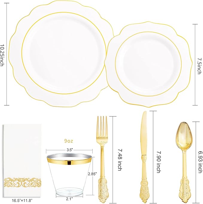 NOCCUR 175PCS Gold Plastic Plates with Disposable Silverware - White Gold Plastic Tableware Include 25 Dinner /25 Dessert Plates, 75 Cutlery, 25 Cups, 25 Napkins - Ideal for Fall Party&Thanksgiving