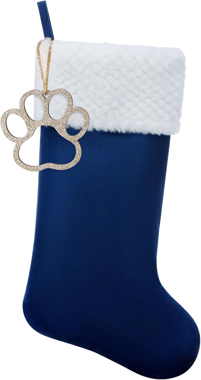 Personalized Christmas Stocking, 19.5 Inch Blue Velvet Christmas Stocking with Gold Wooden Letter Ornament - Fireplace Holiday Decor (Blue paw)