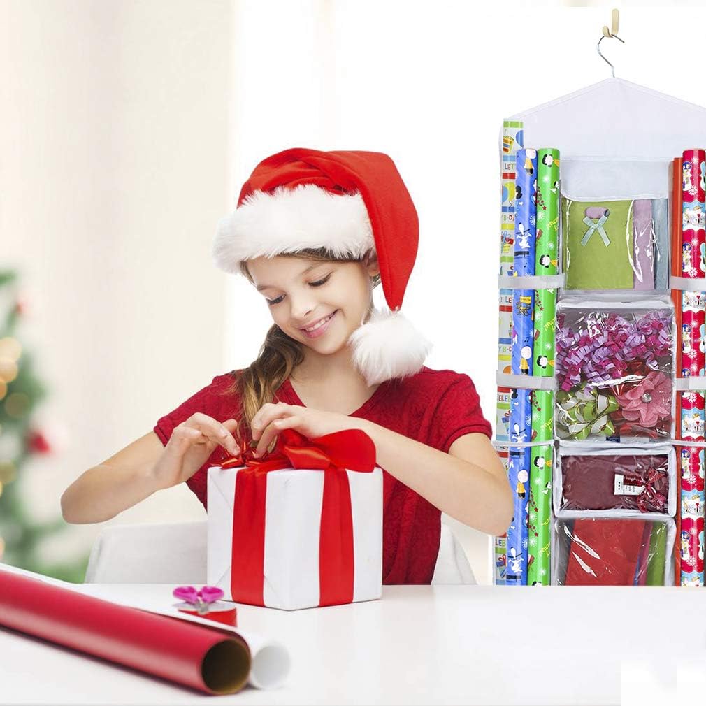 Wrapping Paper Storage Hanging Over the Door Gift Wrap Organizer Double Sided Front and Back Pockets Store Gift Wrap Gift Bags Ribbon Bows Accessories 40”x17” Fits Long 40 Inch Rolls (White)