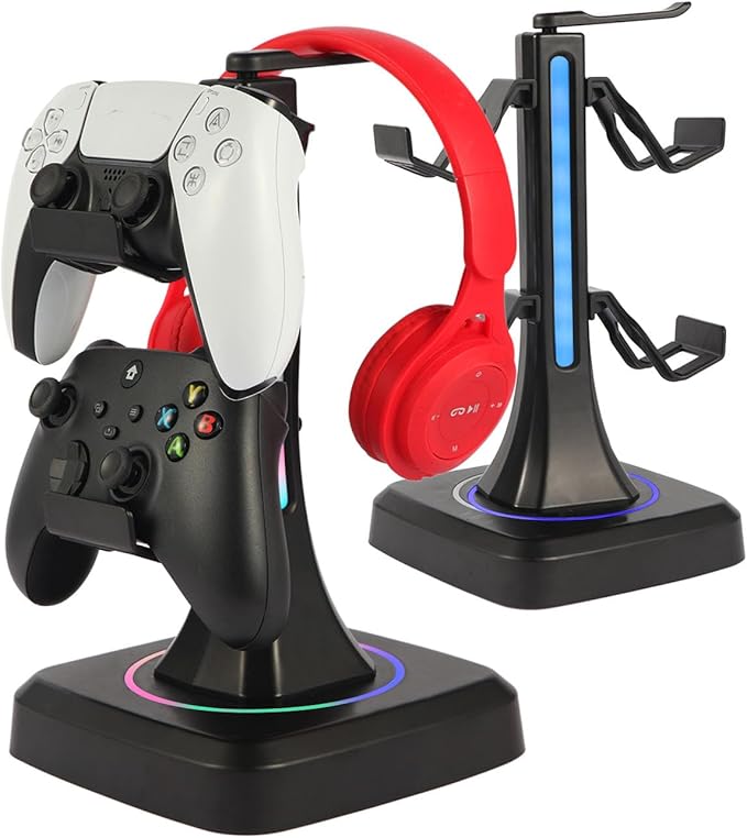 Controller Stand with RGB Multi-Color Light Modes - Headset Holder for PS5, Xbox, Switch - Gaming Room Decor, Desk Organizer for Gamers