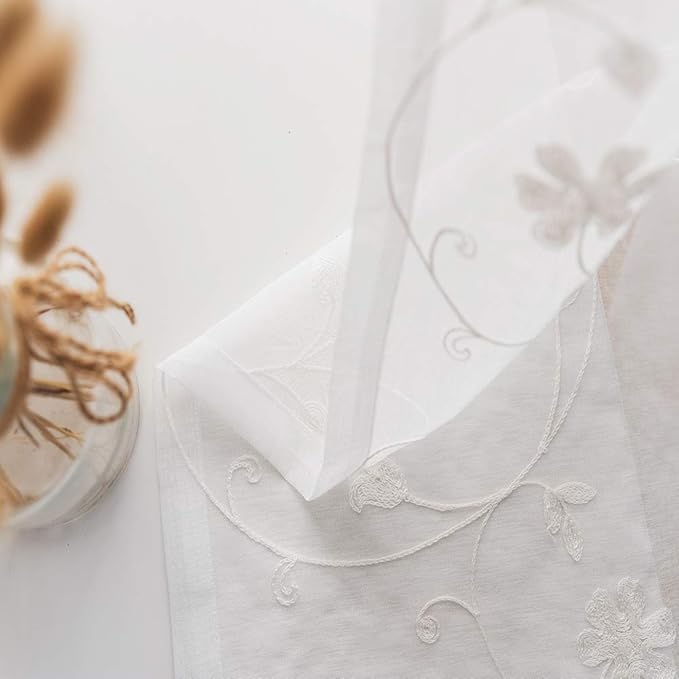 Floral Embroidery Sheer Curtains White 63 Inch Length, Rod Pocket Voile Drapes for Living room, Bedroom, Window Treatments Semi Crinkle Curtain Panels for Yard, Patio, Villa, Set of 2, 52"x 63".