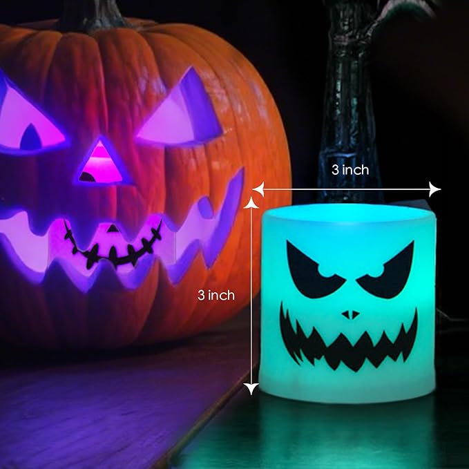 Halloween Flameless Candles - 3 Pack Colored Battery Operated Pumpkin Ghost Face Candles,LED Muti Color Grimace Night Light,Scary Halloween Decor,Fall Table Centerpieces, Spooky Home, Day of The Dead