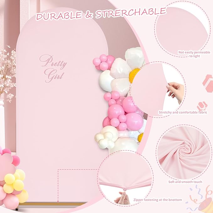 SoarDream 7.2FT Wedding Arch Cover Pink Spandex Fitted Wedding Arch Stand Covers Fitted for Round Top Chiara Arch Cover Fabric Stretchy Backdrop for Bridal Baby Shower Birthday Party Balloon Decor
