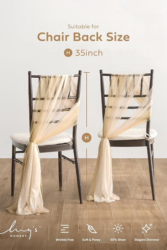 Ling's Moment Wedding Chiffon Chair Sashes Cover Aisle Decorations Draping Fabric Wrinkle-Free with Tie 16 Pcs for Party Ceremony Reception Floral Arrangement Banquet Outdoor Decor