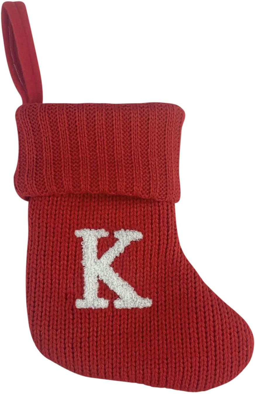 7 Inch Mini Monogram Stocking Red Christmas Initial Letter Cable Knit Stockings with Cuffs Cute Xams Alphabet Decorations for Home Family Fireplace Hanging Gifts DIY Decor (K)