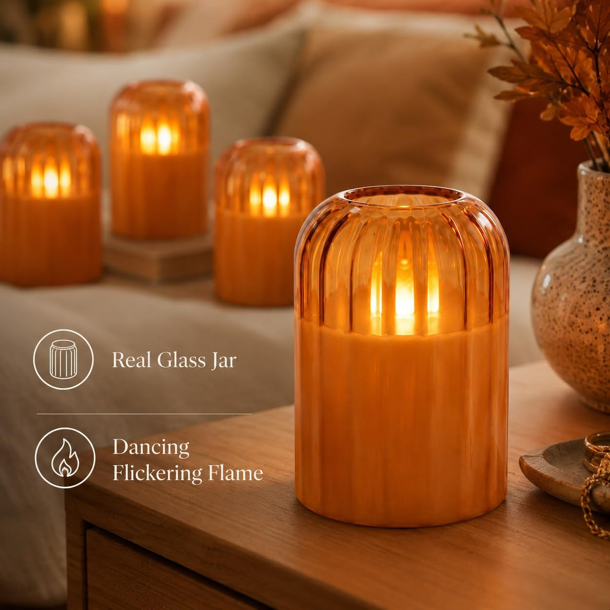 Fall Decorations for Home, Orange Glass Flameless Candles with Remote & T...