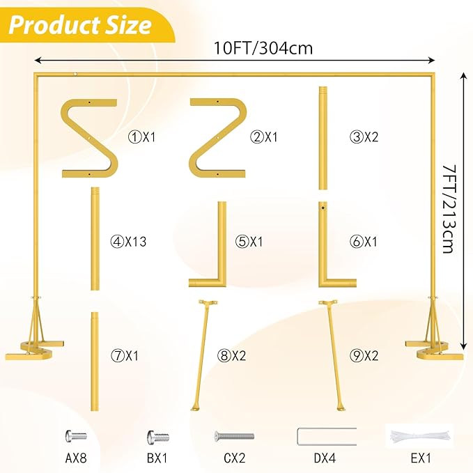 HAITRAL 10x7 FT Backdrop Banner Stand,Square Wedding Arch Balloon Metal Frame,Heavy Duty Background Stand Kit,Adjustable Photo Backdrop Stand for for Parties Birthday Video Studio - Gold