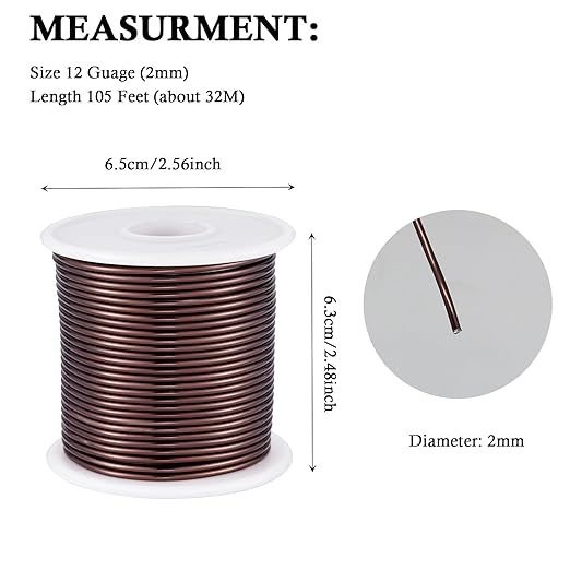 12 Gauge Light Brown Aluminum Craft Wire (105FT) - Anodized for Jewelry Making, Beading Floral, Plant Gardening, Sculpting & Modeling Craft Wire (Light Brown #18, 2mm)