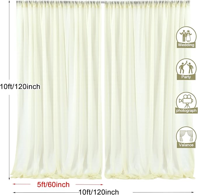 PARTISKY 10ftx10ft Ivory Chiffon Sheer Backdrop Curtains, Wrinkle-Free Wedding Backdrop Drapes for Birthday Party Ceremony Arch Stage Decor Background for Photography 5ft x 10ft,2 Panels