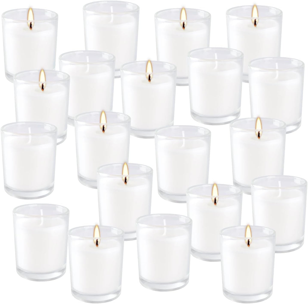 20 Pack Unscented White Clear Glass Filled Votive Candles | Soy Wax, Smokeless, Hand Poured Wax Candles Ideal for Aromatherapy, Spa, Weddings, Birthdays, Holidays & Party Decor