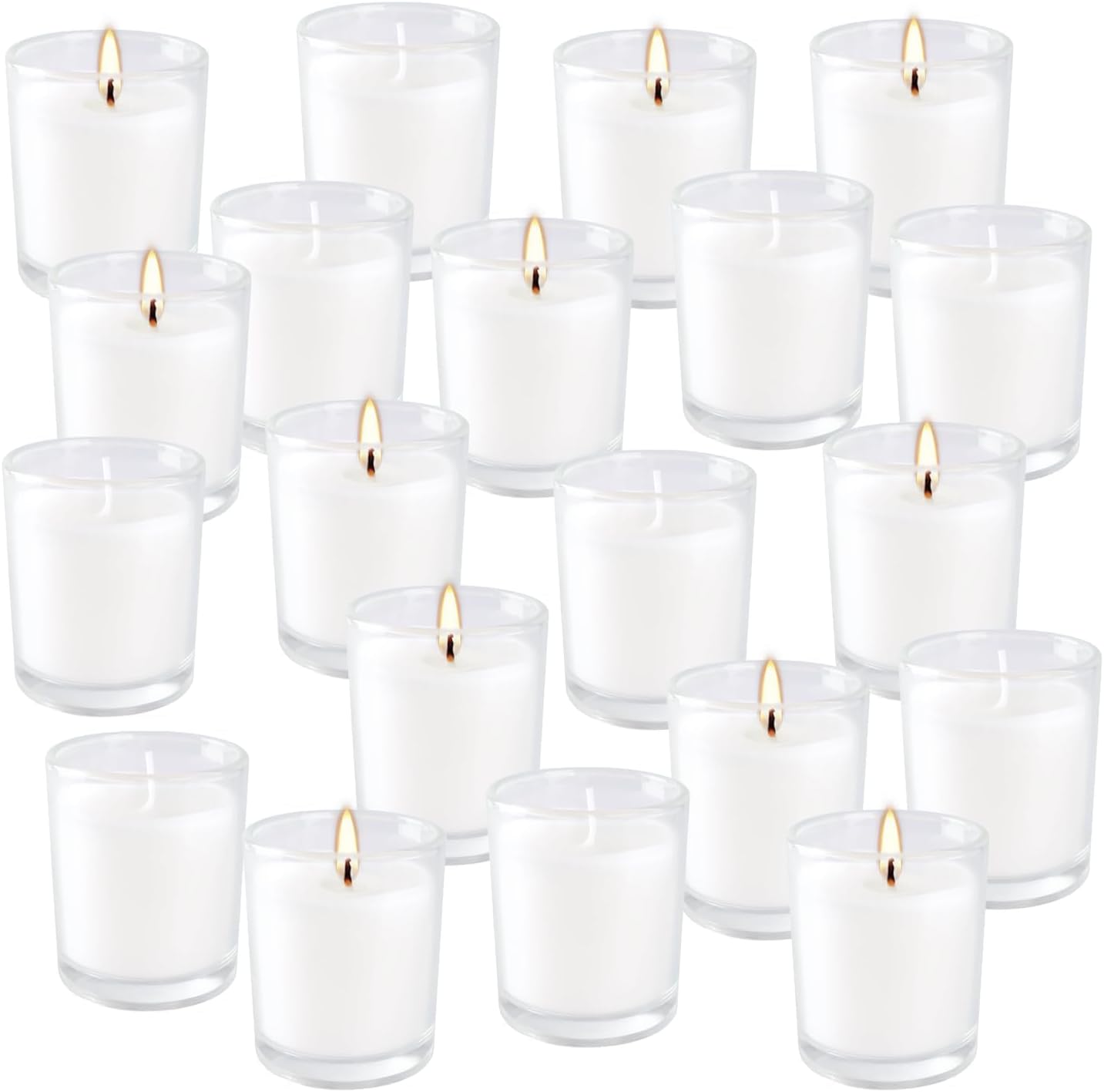 20 Pack Unscented White Clear Glass Filled Votive Candles | Soy Wax, Smokeless, Hand Poured Wax Candles Ideal for Aromatherapy, Spa, Weddings, Birthdays, Holidays & Party Decor