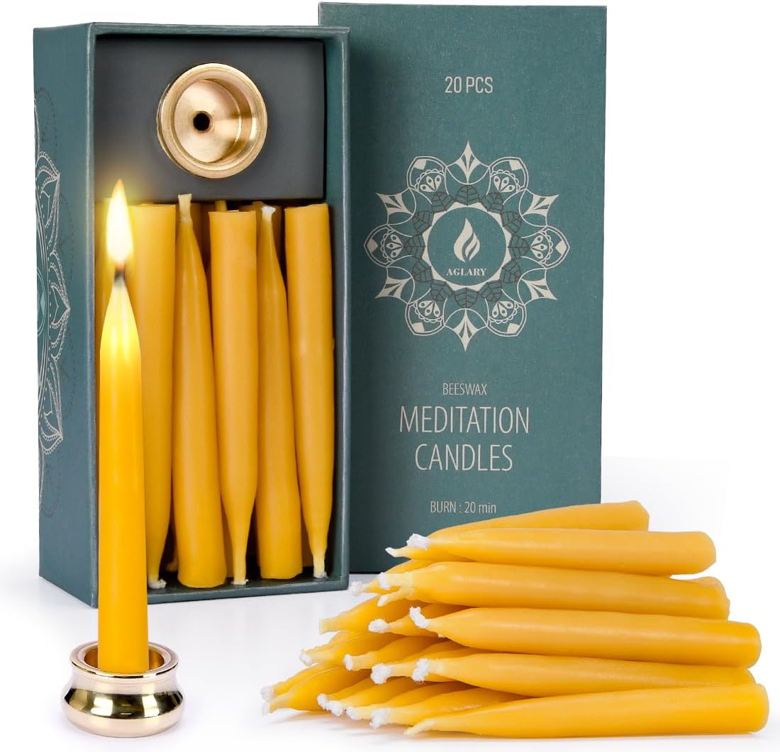 20-Minute Beeswax Meditation Candles, 20-Count with Brass Holder | 100% pure beeswax mini tapers, 20min burn timer, Includes brass holder, Dripless, Luxury tactile gift box