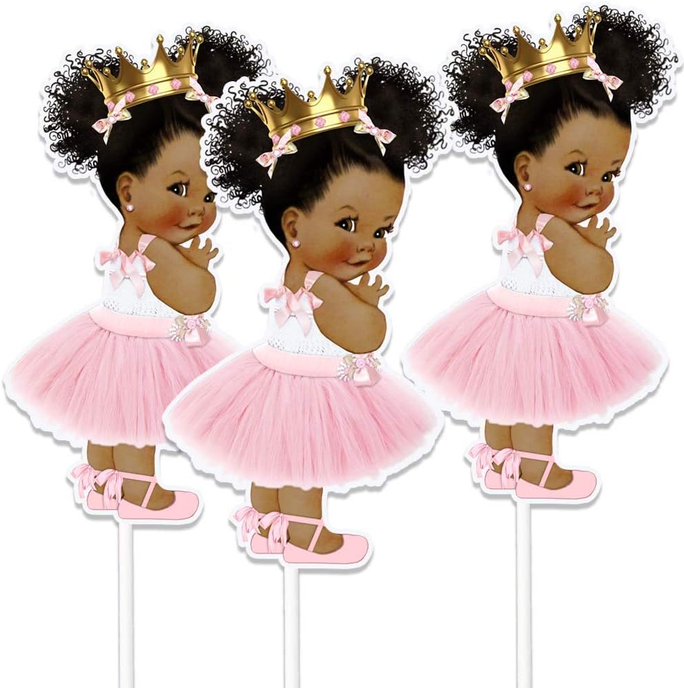 Little Princess Centerpieces Baby Shower Table Decoration 10 inches Pink Gold African American Black Royal Birthday Cake Topper (4)