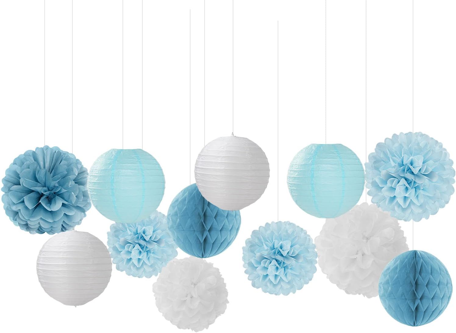 Dusty-Blue White Party-Decorations Paper-Flowers Lanterns - 15pcs Birthday Baby Bridal Shower Tissue Pom Poms Streamers Honeycomb, Boy Men Wedding Bachelorette Hanging Supplies Decor Hugfond