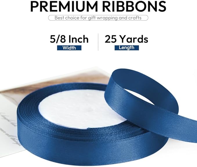 5/8 Inch 25 Yards Satin Ribbon Dark Blue, Solid Color Fabric Ribbon for Gift Wrapping, Wedding, Polyester Gift Ribbon for Birthday Party Decoration, Craft, Hair, Floral, Sewing