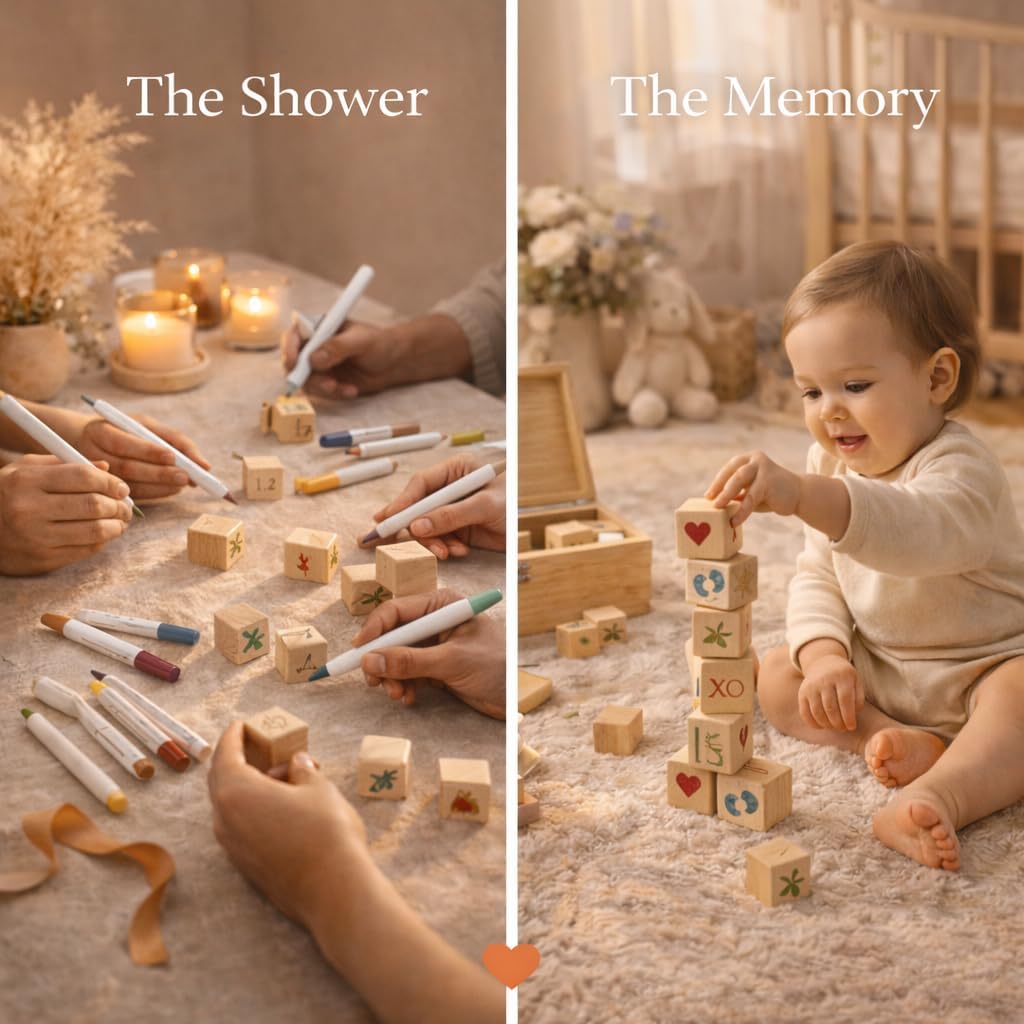 Nolia Baby Shower Blocks Decorating Game – 48 Wooden Cubes to Decorate, Storage Box, 12 Acrylic Markers & Instruction Sign (Natural)