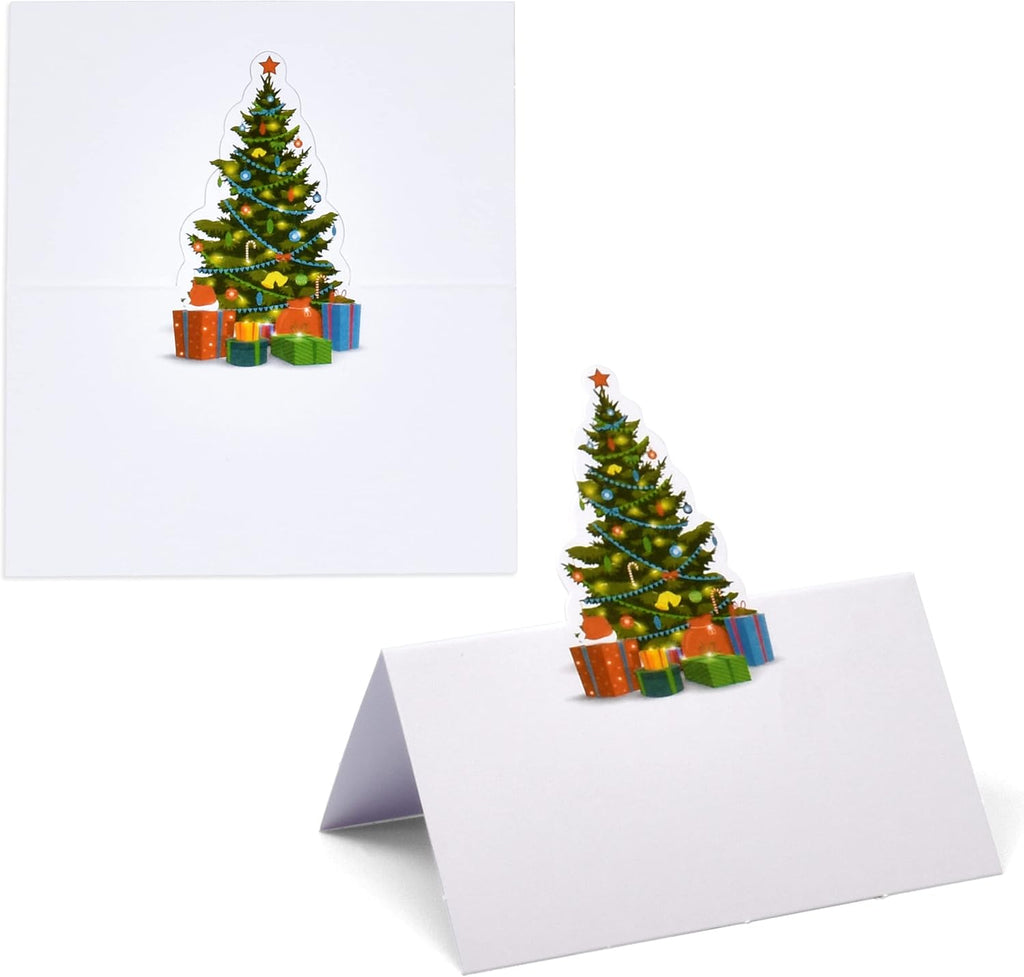 Gift Boutique 100 Pack Christmas Place Cards Holiday Seating Name Card Die Cut Xmas Tree Table Setting Folded Paper Tent Cards for Dinner Wedding Tables Placement Party Decorations 2" x 3.5"