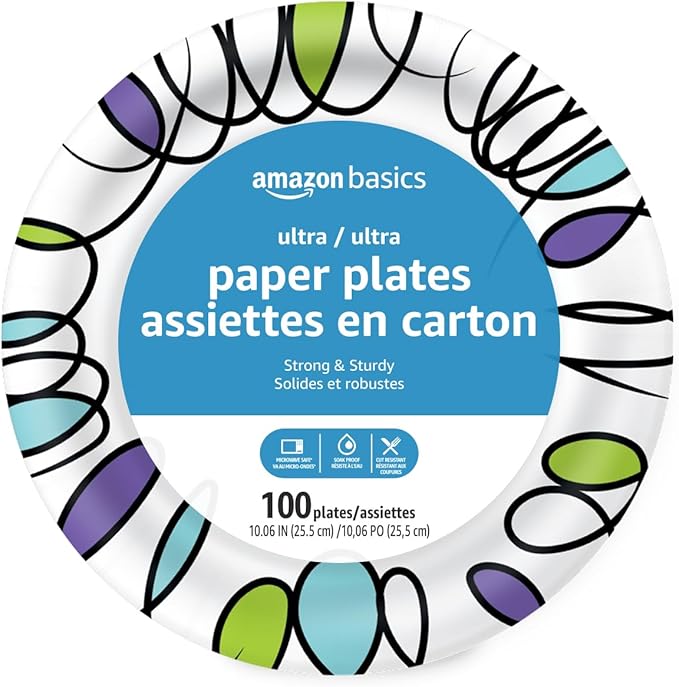 Amazon Basics Ultra Paper Plates, 10 Inch, Disposable, 100 Count