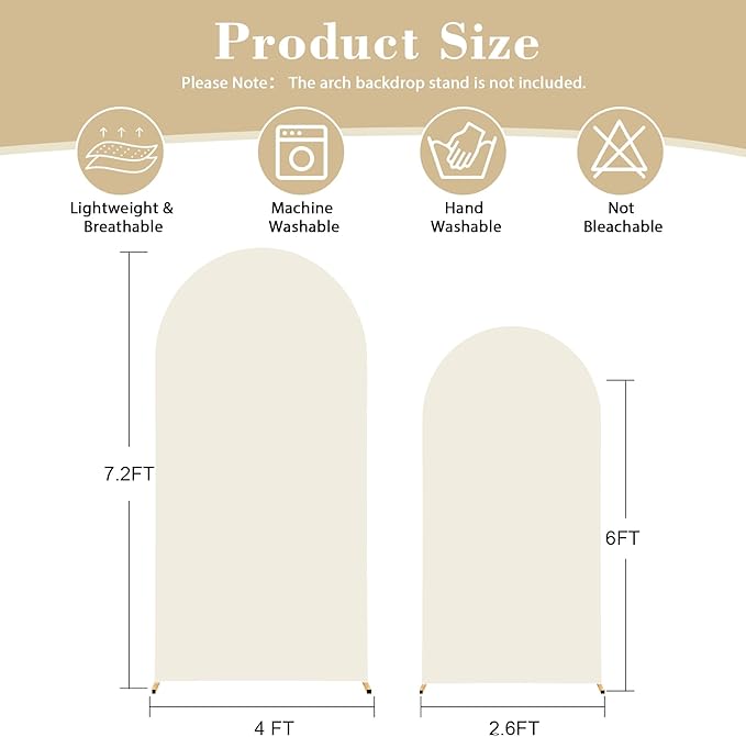7.2FT 6FT Arch Backdrop Cover for Wedding, Set of 2 Stretchy Spandex Fitted Arch Stand Cover for Baby Shower, Birthday Party Decor, Chiara Backdrop Cover with Double-Sided Design(Beige)