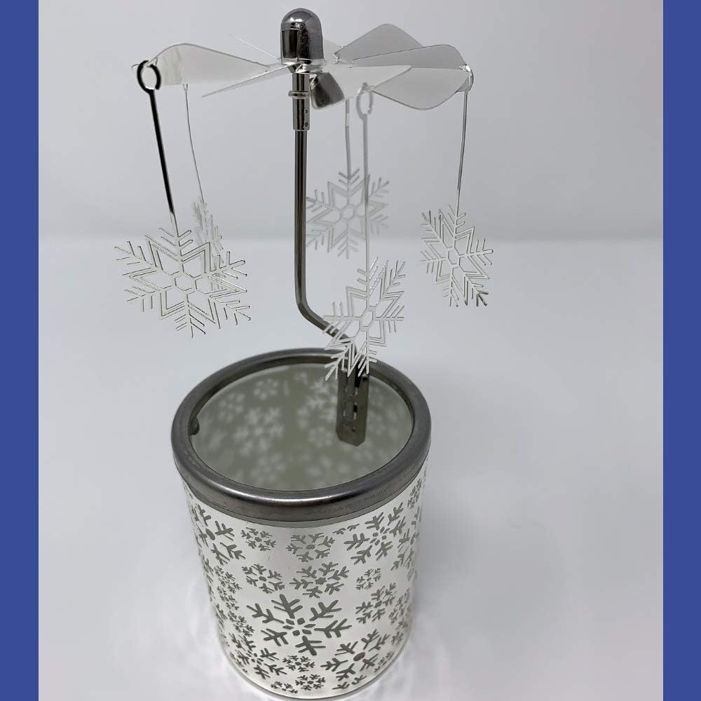 Snowflake Spinning Candle Holder – Rotating Snowflake Charms, Frosted Glass Votive Holder with Laser-Cut Metal Snowflakes – Scandinavian Christmas Table and Mantel Decor – 6.25" H