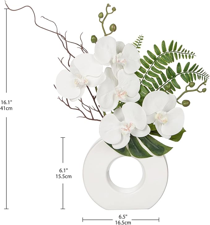 Briful Orchid Artificial Flowers 16.1'' White Orchid Silk Flowers with Ceramic Vase Faux Orchid Arrangement for Home Office Table Centerpiece Indoor Decoration