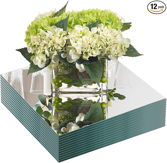JAMBALAY 8" Square Mirror Centerpieces for Tables, Glass Mirror Plates for Table Centerpieces, Mirror Tray for Wedding & Party Decorations, 2mm Set of 12 Mirror Table Centerpieces for Tables
