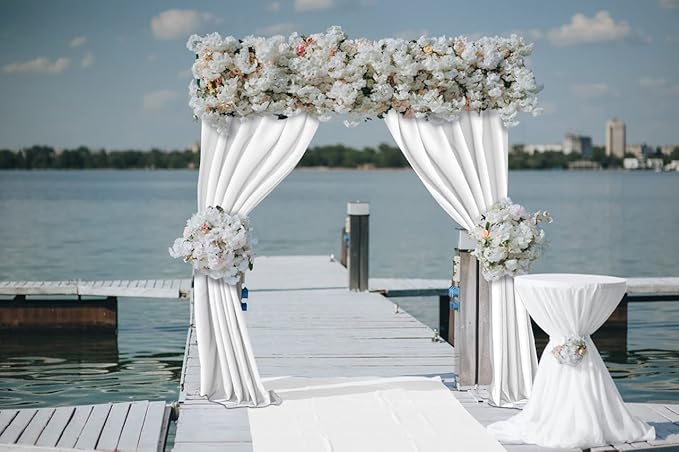 Joydeco White Curtains Backdrop for Wedding Parties, Photo Backdrop Curtains for Wedding Decorations Birthday, Wrinkle Free Polyester 5ft x 10ft Fabric Drape 2 Panels with Rod Pockets