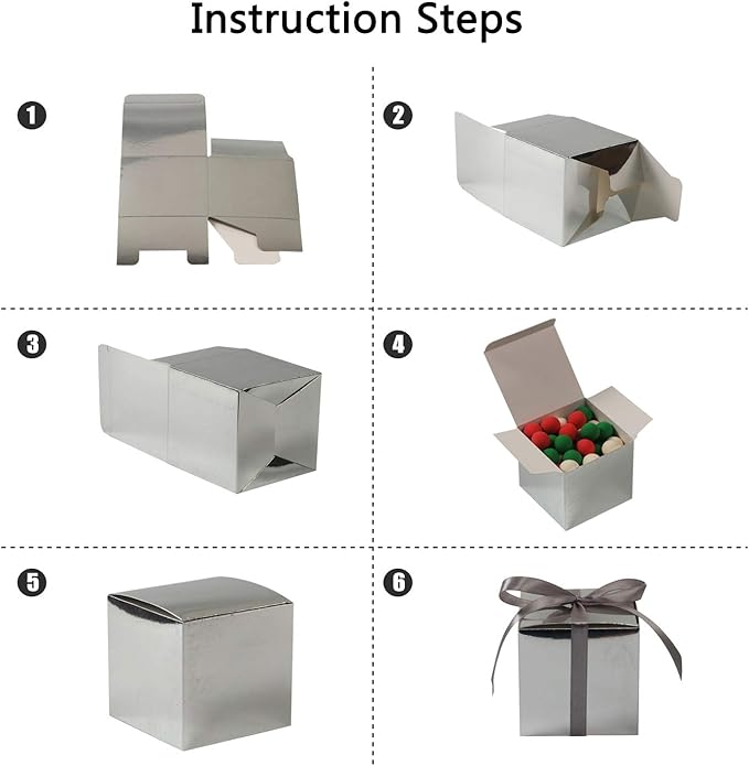 COTOPHER 100pcs Wedding Favor Boxes, Paper Gift Boxes 3x3x3 Inches Small Gift Boxes with Ribbons Small Boxes for Gifts, Crafting, Cupcake, Candy, Bridesmaid Proposal Boxes (Metallic Silver)
