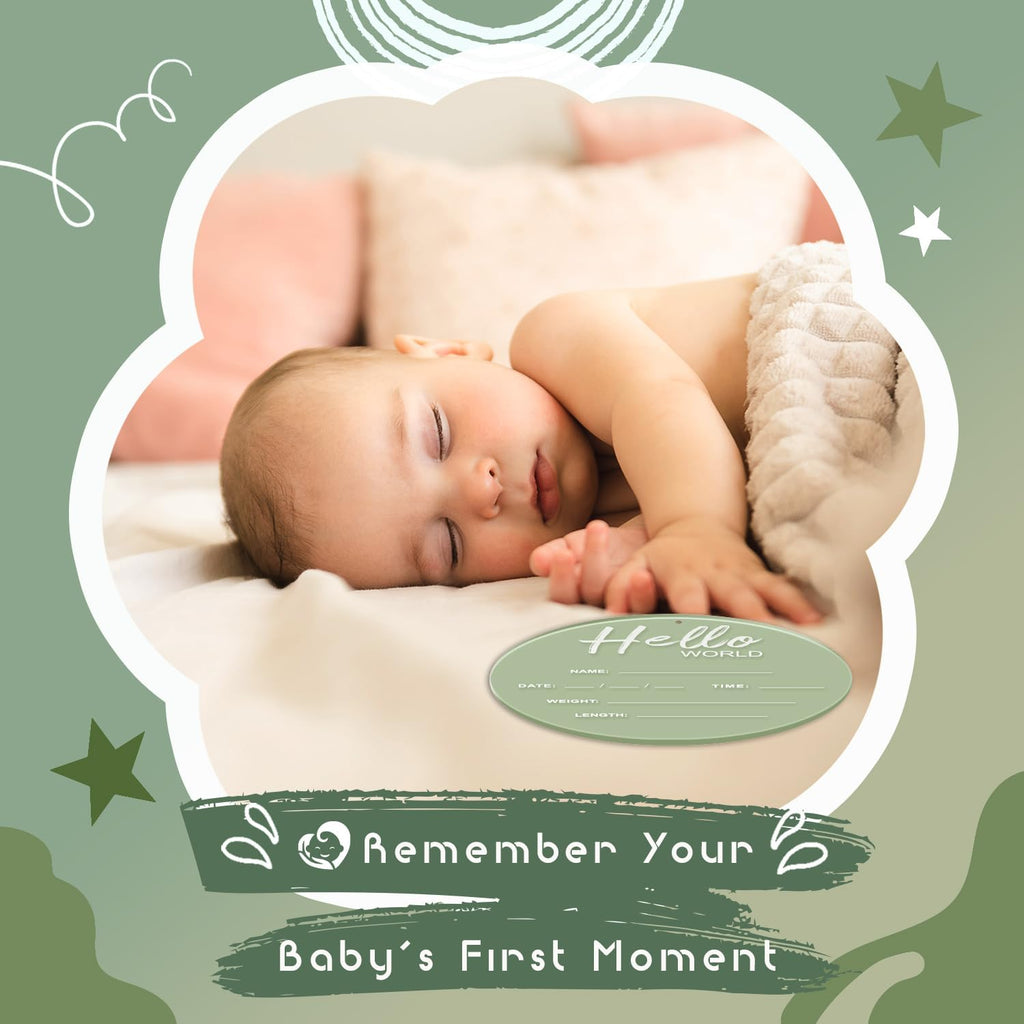 Baby Announcement Sign, 6.7 Inch Acrylic Hello World Newborn Sign Green | Thickness Welcome Baby Sign for Hospital, Birth Announcement Sign, Newborn Photography Props for Nursery Keepsakes & Sweet