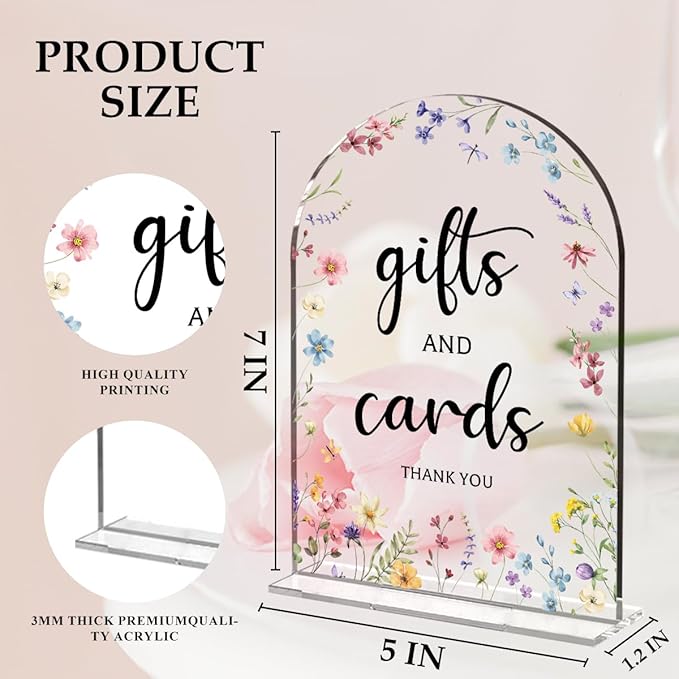 Cards And Gifts Sign, Arch Acrylic Wedding Sign, 5x7 Inch, Wedding Sign Decoration for Wedding Reception & Event Party Table, Bridal Shower Baby Shower Favors for Guests (Flower)