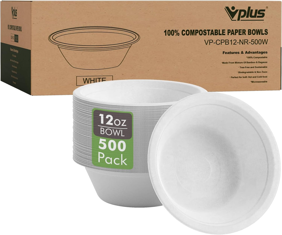 Vplus 500 Pack 12 OZ Compostable Paper Bowls, Bagasse Bowls Bulk，White