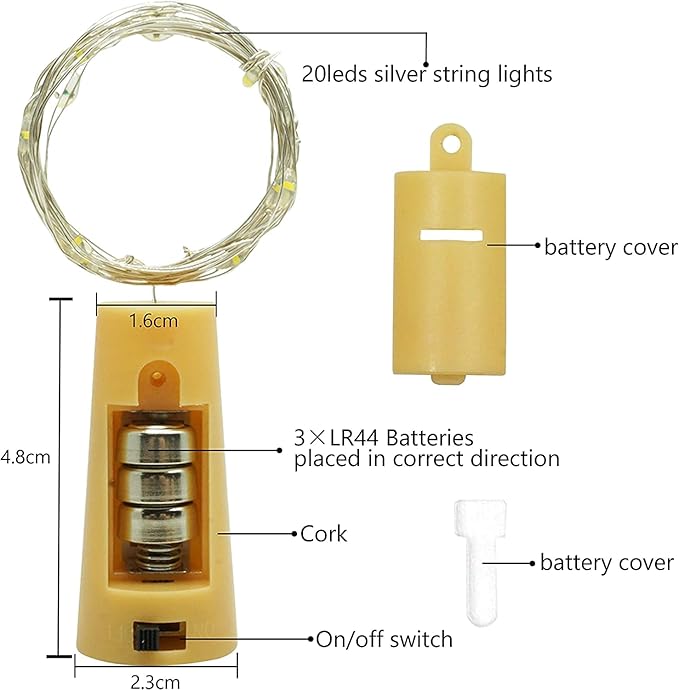 20 LED Wine Bottle Lights with Cork, 15 Pack Battery Operated Cork Shape Fairy Light Waterproof Mini Copper Silver Wire String Lights for Party, Wedding, Christmas, Bedroom Decoration(Colorful)