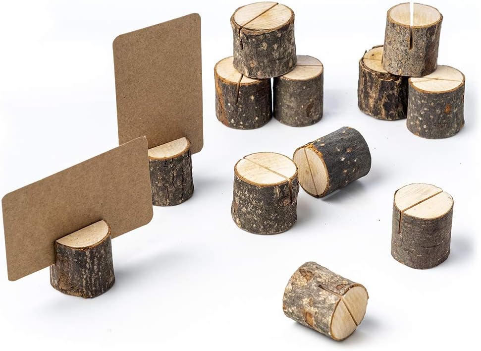 Jofefe 12Pcs Mini Wood Place Card Holders and 24Pcs Kraft Place Cards, Rustic Table Number Holders, Food Labels for Party Buffet, Name Card Photo Picture Holders for Harvest Fall Thanksgiving Wedding Birthday Party
