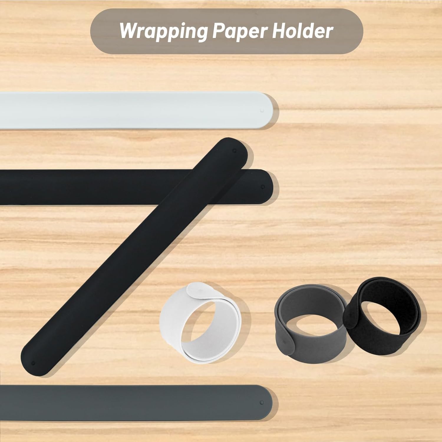 6 PCS Wrapping Paper Holder Silicone Covered Metal Strips Poster Slap Bands Gift Wrapping Paper Clamps for Home Gift Wrapping Storage Organization(Black, White, Gray)