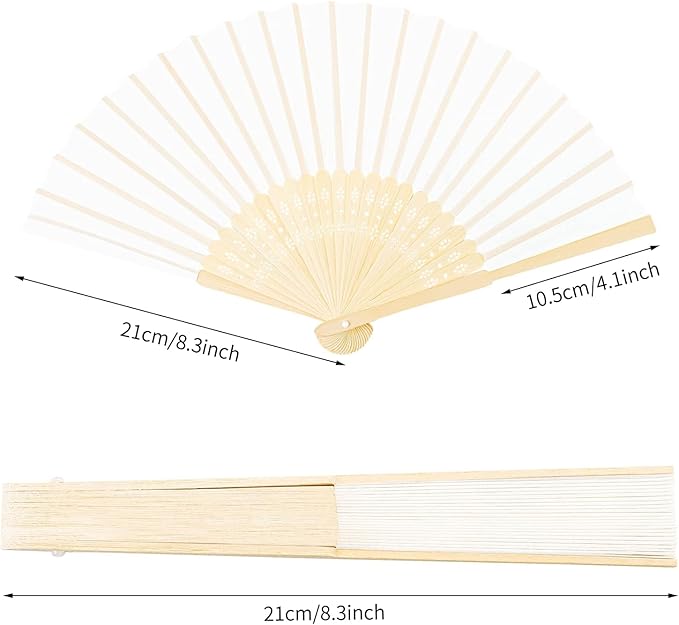 URATOT 48 Pieces White Folding Fans Silk Bamboo Folding Fans Handheld Fan for Wedding, Party Decoration