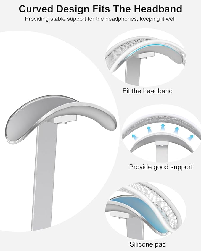 VICHYIE Headphone Stand for AirPods Max, Headset Holder with Aluminum Supporting Rod, Heavy Base Desk Stand Headphones Support Accessory for All Headphones - Silver White