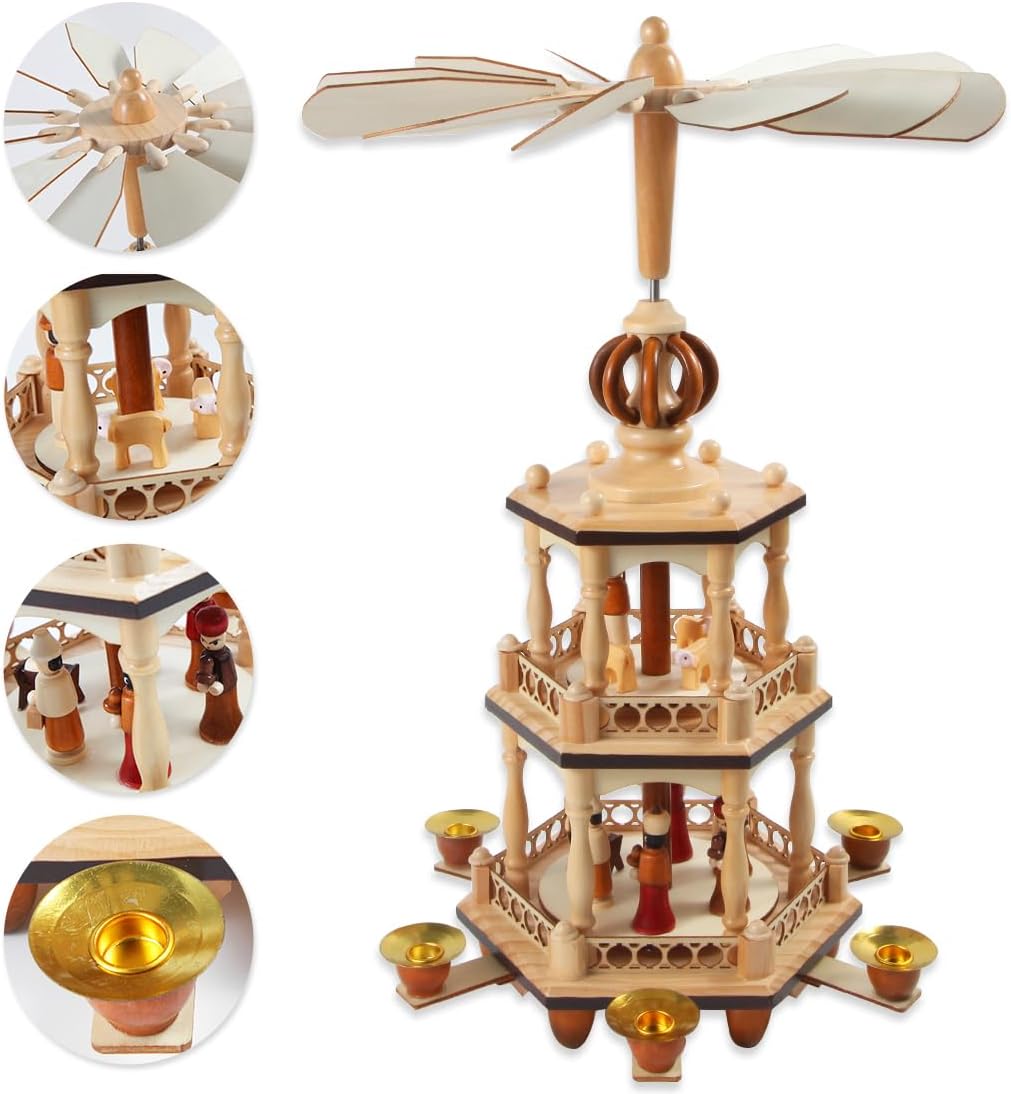 17 Inches Christmas Wooden Pyramid with 6 Candle Holders- Nativity Scene Set-Under The Christmas Tree - Table Top Holiday Decor - 3 Tiers Carousel (Two)