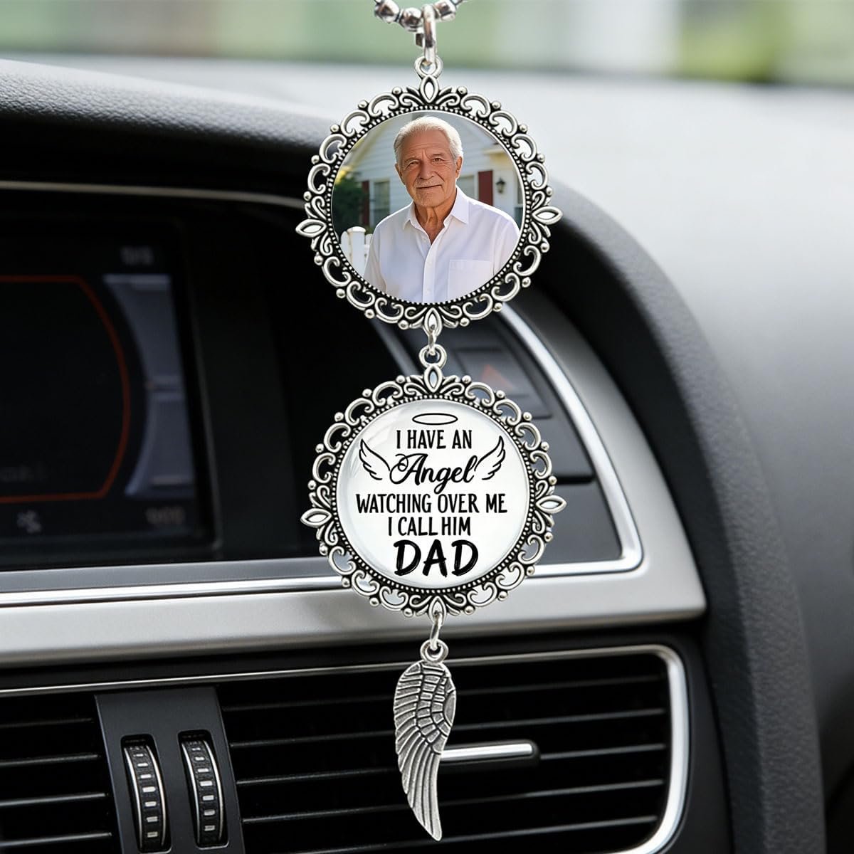 Customizable Memorial Car Hanging Ornament for Men - Personalized Photo & Name Angel Wing Pendant, Sympathy Gift for Loss of Father Remembrance Car Decor