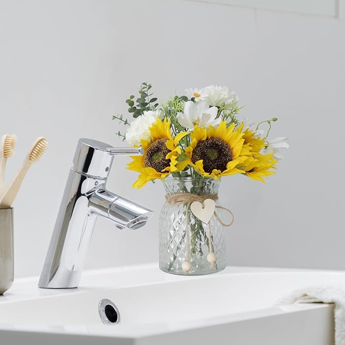 Artificial Sunflower Bouquets in Vase with a Flower Arrangement Holder - Centerpieces for Dining Room & Coffee Table Decor