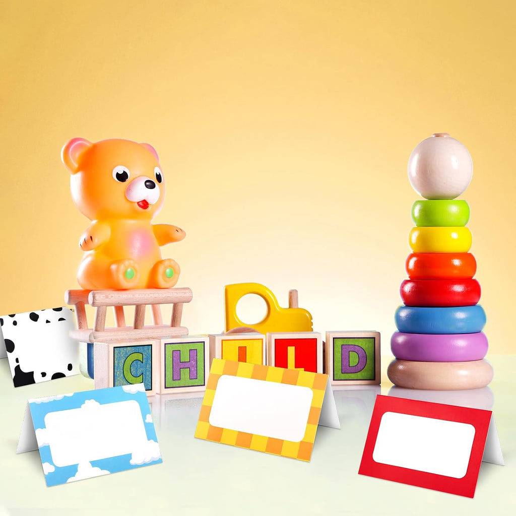 48pcs Cartoon Story Food Labels Signs - 6x4.6in 4 Style Theme Name Setting Card Folded Table Place Labels for Birthday Decorations Party Supplies