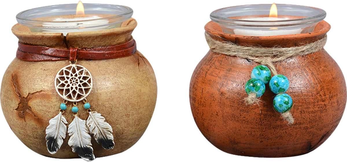 BLACK FOREST DECOR Southwest Pots Candle Holders – Set of 2 Rustic Votive Holders – Twine & Bead Accent – 3.6" x 2.8"